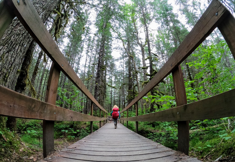 Young backpacker crossing a wooden foot bridge