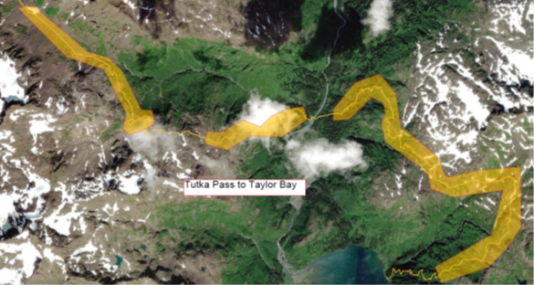 Tutka Pass to Taylor Bay affected area map